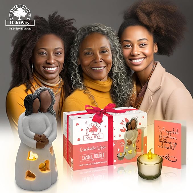 Grandma-Granddaughter Hand-Painted Candle Holder Statue W/Flickering LED Candle | Unique Nana Present Ideas for Christmas, Gigi Grandmother Birthday Gift, Greeting Card Included (Dark)