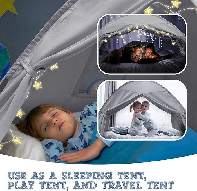 Gray Full Bed Tent for Kids Indoor Fort - Magical Dream Tents for Boys Pop Up Toddler Bed Canopy for Girls Bunk Bed Tent for Top Bunk - Sensory Sleep Pod for Kids Educational
