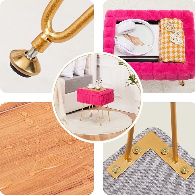 Wimarsbon Faux Mink Fur Storage Ottoman, Modern Soft Footstool, Storage Bench with Metal Legs, Vanity Seat, Fur Stool, Ottoman Coffee Table, Makeup Chair, Vanity Stools for Bedroom (Rose Red)