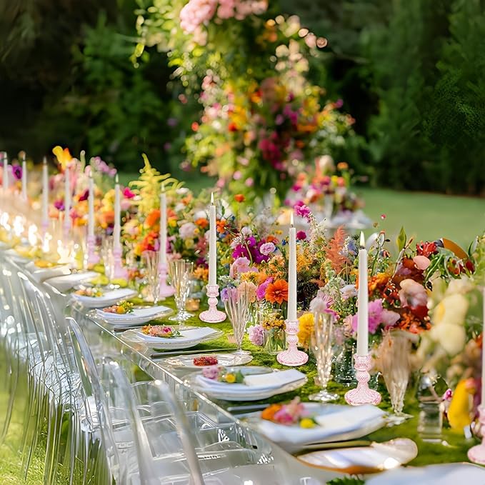 Glass Candlestick Holder,Striped Taper Candle Holders,Set of 6 Candle Stand for Table Centerpieces, Home Decor,Weddings,Festival and Parties (Pink Dimond)