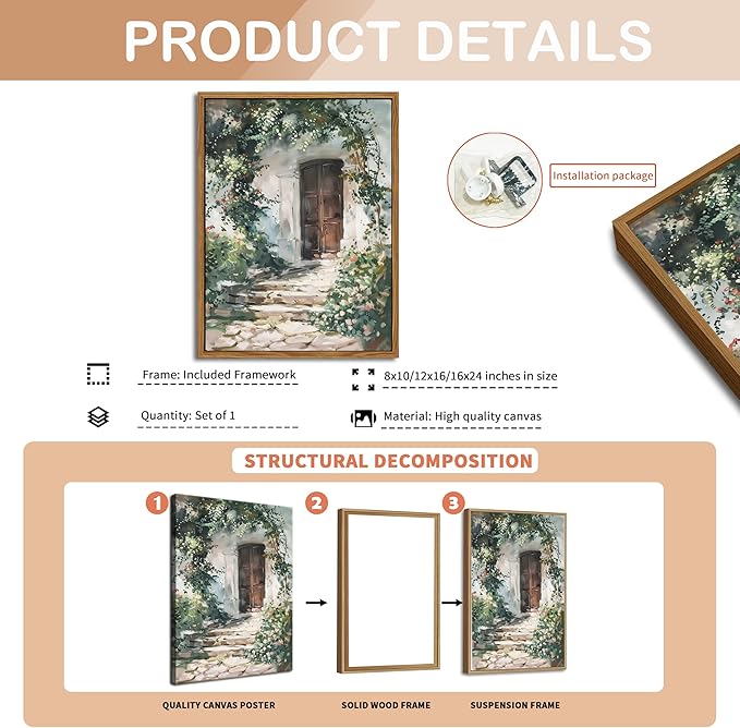 Floating Framed Canvas Vintage Wall Art, Rustic Cottage Spring Garden Oil Paintings Print, Country Floral Pictures Wall Decor for Living Room Bedroom Office Home Decor 8x10 inch