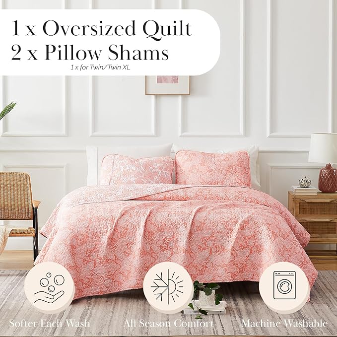 Southshore Fine Living, Inc. Paisley Quilt Queen Size Bedding Set, Summer Coverlet, Boho Bedspread, 3-Piece Farmhouse Bedding with Two Matching Pillow Shams, Full/Queen Bed Set, Reversible Coral