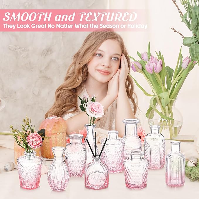 Inbagi Glass Vase, 20 Pcs Set of Small Vintage Flower Vases in Gradient Pink, Decorative Centerpieces for Home, Wedding Table, Christmas Decoration