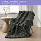 Bigacogo Chunky Knit Throw Blanket for Couch, 51x63 inches, 100% Hand Knitted with Thick Jumbo Chenille Yarn, Cozy Soft Large Rope Knot Cable Crochet Blankets for Sofa Bed Living Room, Dark Grey