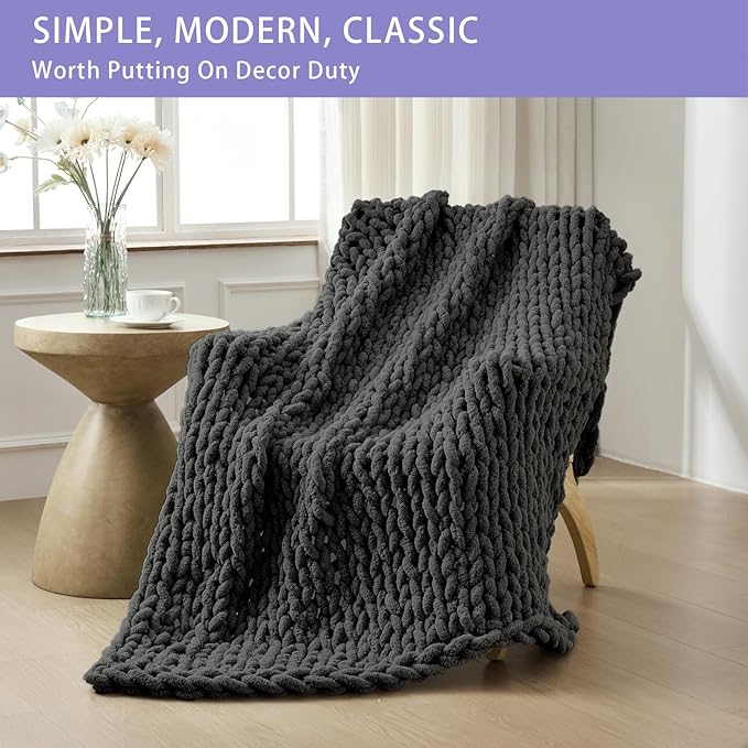 Bigacogo Chunky Knit Throw Blanket for Couch, 40x80 inches, 100% Hand Knitted with Thick Jumbo Chenille Yarn, Cozy Soft Large Rope Knot Cable Crochet Blankets for Sofa Bed Living Room, Dark Grey