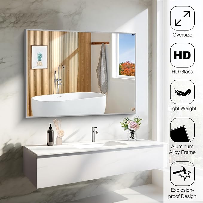 Silver Bathroom Mirror, 48"X36" Rectangle Mirrors for Wall Metal Frame, Bathroom Rectangular Mirror Modern Wall Mirror for Bedroom Living Room, Hangs Horizontal or Vertical