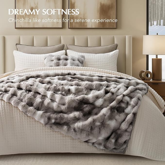 EVERGRACE Ultra Soft Luxury Fluffy Ridgeline Faux Rabbit Fur Throw Blanket, Thick Warm Bubble Throw for Bed, Cozy Plush Reversible Blankets for Couch, Chair, Sofa, Light Grey, 50x60 Inches, 870 GSM