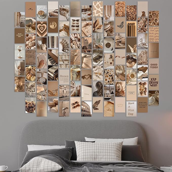 Y2K BOO Beige Brown Aesthetic Wall Collage Kit – 100 Modern & Vintage Photos, 4"x6" Semi-Gloss Prints for Teen Girls Dorm Room Decor, Cozy & Warm Everyday Moments, Gift for Birthday & Graduation