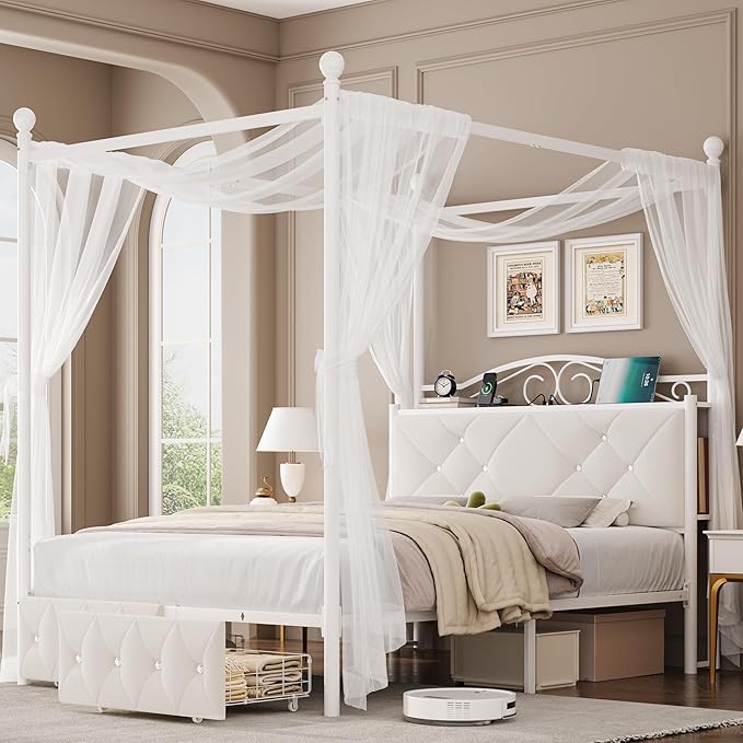 Full Upholstered Canopy Bed Frame with 2 Drawers & Crystal Tufted Storage Headboard Metal Platform Bed with Charging Station & 4 Removable Posts No Box Spring Needed Curtain Not Included, Beige