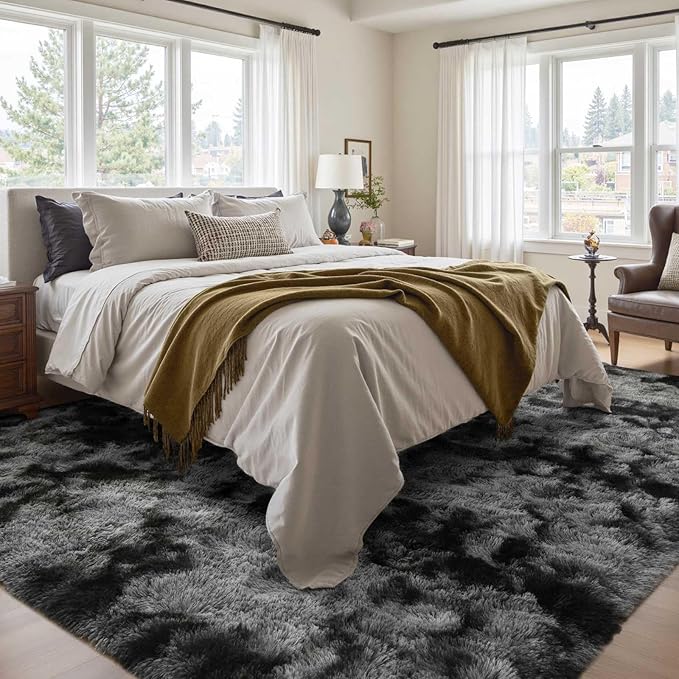 5x7 Ft Large Shag Rugs for Bedroom Living Room Decor for Men Boys, Tie Dyed Ultra Soft Fluffy Furry Area Rug for Indoor Floor, Aesthetic Carpet for Home Decor (Dark Grey)