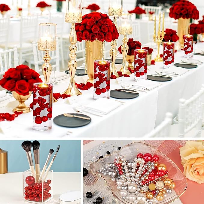 200 PCS Red Vase Fillers, Pearls Bead for Centerpieces Vases, 10/14/20 MM No Hole Beads, Fake Pearls for Wedding Birthday Anniversary Theme Party Table Centerpieces Decor