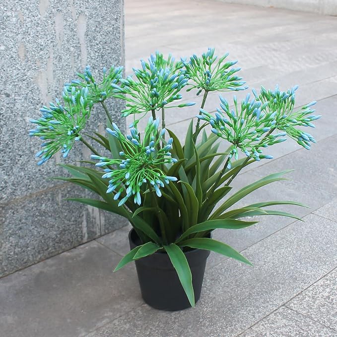 Artificial Agapanthus Africanus Fake African Lily Blue Flowers Fake Plants Outdoor Spring Summer Decoration Realistic Faux Greenery for Front Door Porch Planter Decor