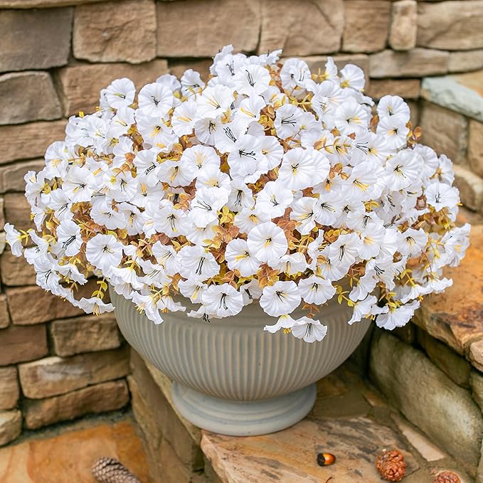 Fake Mums Artificial Fall Flowers Fake Plants for Outdoors Autumn Decor, 12 Bundles White Silk Morning Glory with Eucalyptus Look Real UV Resistant Faux Flowers for Outside Planters Front Door Yard