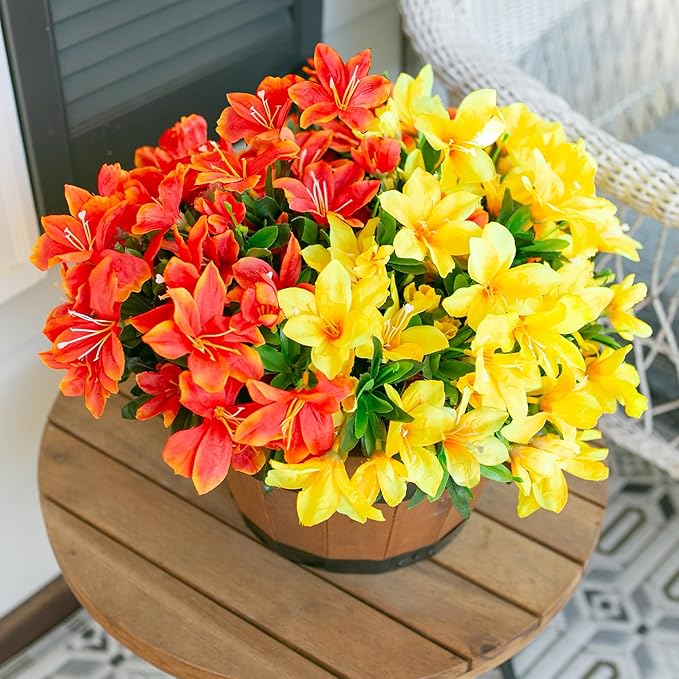 Artificial Fake Fall Flowers for Outdoors 3 Bundles Silk Azalea Flower Faux Plants UV Resistant Realistic Flowers for Outside Planter Porch Patio Yard Garden Walkways Home Decor (Orange+Yellow)