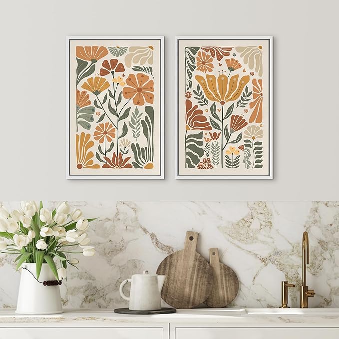 SIGNFORD Framed Canvas Print Wall Art Set Vintage Flower in Pastel Illustration Modern Art Decorative Nordic Nature for Living Room, Bedroom, Office - 16"x24"x2 White