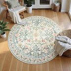 Wonnitar Floral Round Rugs 6ft, Boho Large Machine Washable Circle Rug, Low Pile Soft Flower Botanical Print Beige Round Carpet for Living Room Bedroom Dorm Sunroom