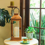 Large New Zealand Pine Lantern With Flameless Pillar Candles - IP65 Waterproof Decorative for Home Decor, Indoor Outdoor, Front Porch, Garden, Farmhouse Style