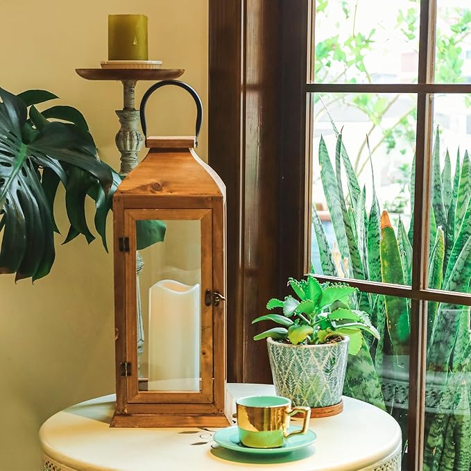 Large New Zealand Pine Lantern With Flameless Pillar Candles - IP65 Waterproof Decorative for Home Decor, Indoor Outdoor, Front Porch, Garden, Farmhouse Style