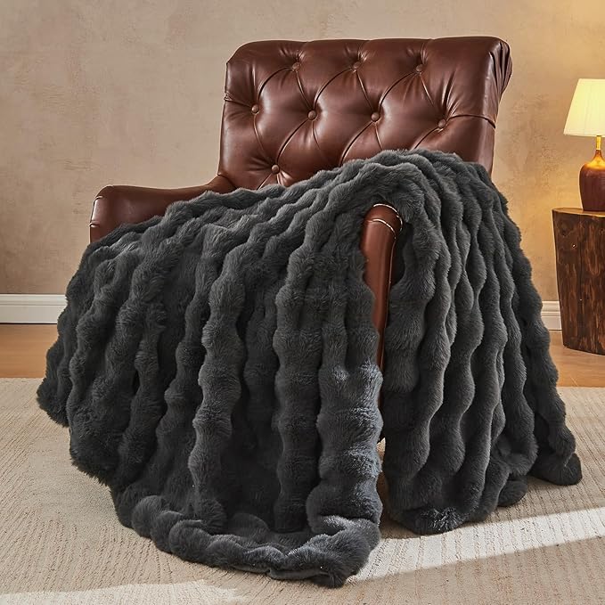Lotus Karen Faux Fur Throw Blanket Dark Gray - Big Bubble Rabbit Fluff Blanket for Couch, Small Fluffy Fuzzy Cozy Blanket, Thick Furry Plush Shaggy Blankets, 50x60 Inches