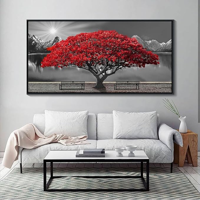 Framed Black and White Red Tree Wall Art Canvas Print Picture Large Red Tree Landscape Modern Artwork for Living Room Bedroom Office Home Wall Decor With 24X48inch
