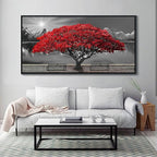 Framed Black and White Red Tree Wall Art Canvas Print Picture Large Red Tree Landscape Modern Artwork for Living Room Bedroom Office Home Wall Decor With 24X48inch