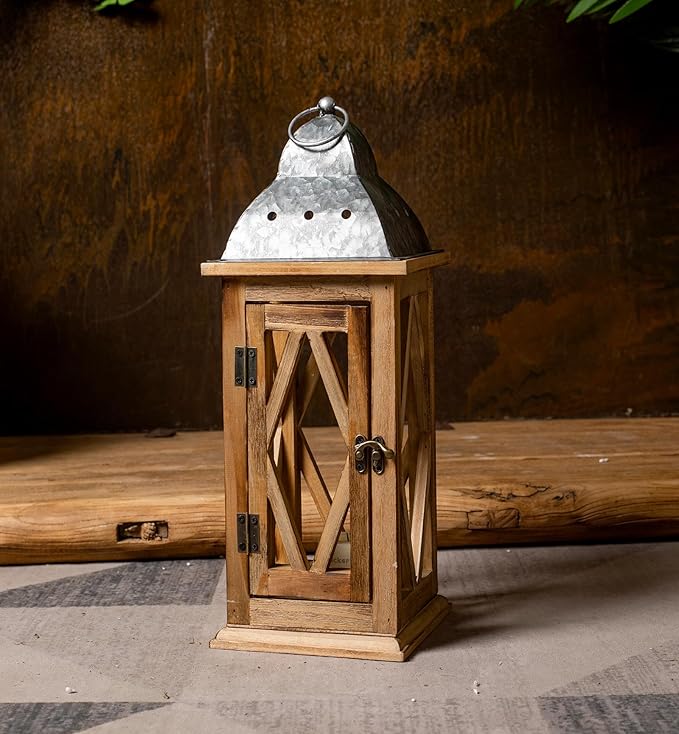 Large Farmhouse Wooden Metal Lantern Set of 2, Rustic Decorative Floor Candle Lanterns, Indoor/Outdoor Hanging Lanterns for Home Decor (No Glass)