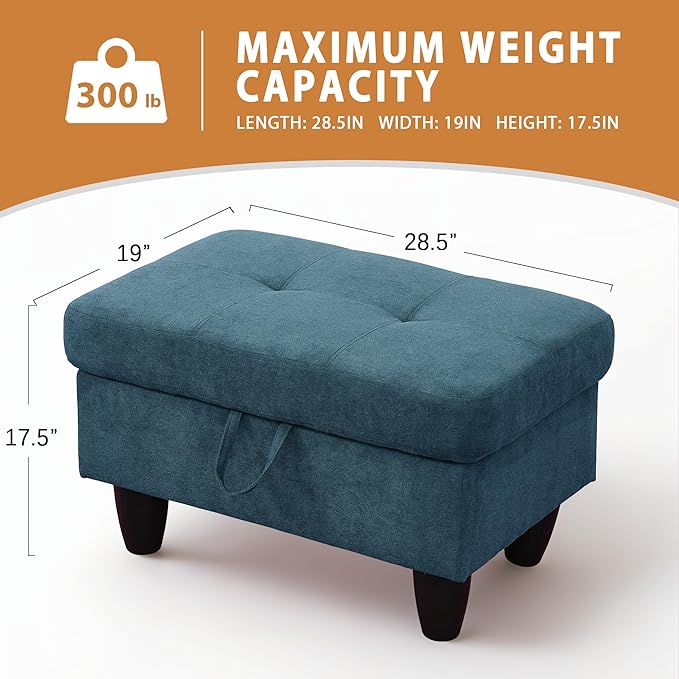 Ottoman Rectangular Storage Ottoman Bench, Flannel Footrest Stool Footstool with Lid for Living Room, Bedroom, Entryway, Lake Blue, 28.5"x19"x17.5"