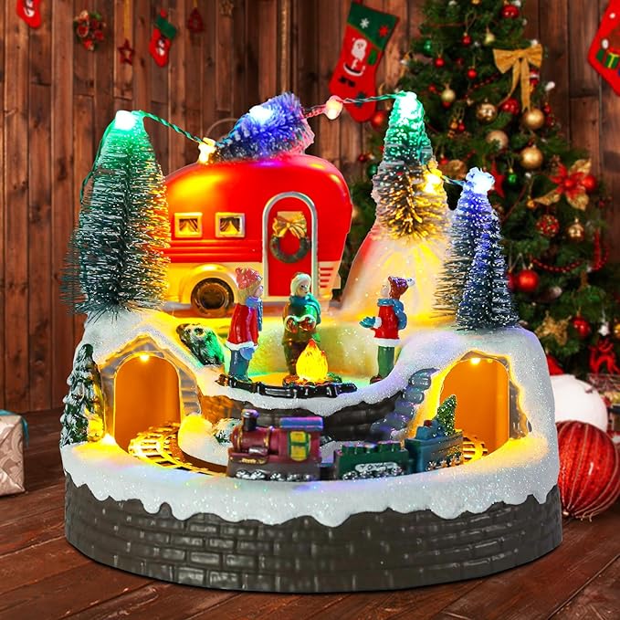 Christmas Village House Musical Christmas Collectible Buildings Camper Bonfire Train Rotation with LED Lights Vacation Village with USB Indoor Figurines Indoor Tabletop Decoration Xmas Decor