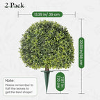 Lewondr Artificial Boxwood Topiary Ball Trees, 22.83'' Fake Plants Outdoor with Ground Spike, Set of 2 UV and Fade Resistant Faux Greenery Shrubs for Outdoor Indoor Front Porch Garden, Green