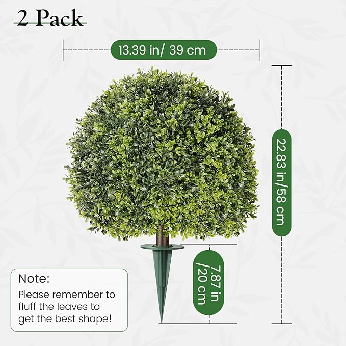 Lewondr Artificial Boxwood Topiary Ball Trees, 22.83'' Fake Plants Outdoor with Ground Spike, Set of 2 UV and Fade Resistant Faux Greenery Shrubs for Outdoor Indoor Front Porch Garden, Green