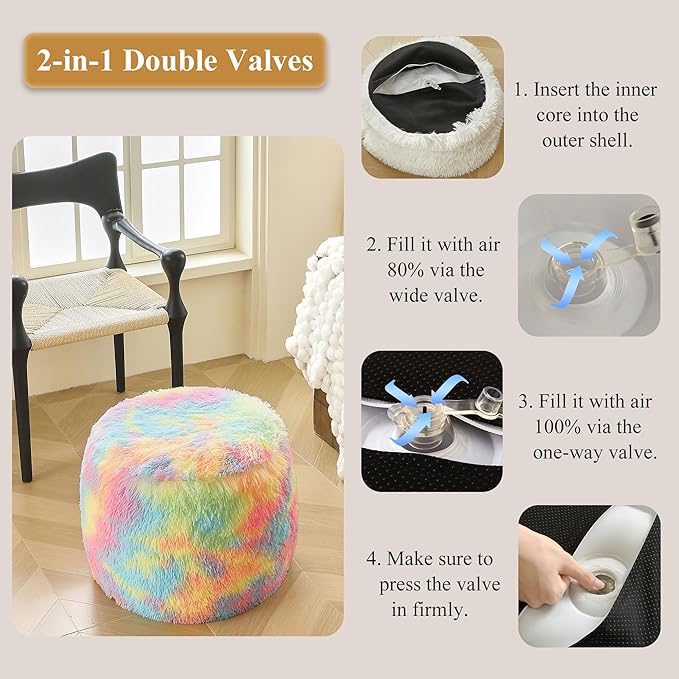XeGe Fluffy Faux Fur Inflatable Pouf Ottoman, Soft Fuzzy Foot Stool, Plush Furry Foot Rest Floor Pouf Anti-Slip for Kids Girls Adult, Cute Foldable Ottoman Cushion Living Room Bedroom, Rainbow