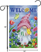 Welcome Spring Gnome Garden Flag 12x18 Double Sided Burlap Butterfly Floral Garden Yard Flags for Spring Summer Rustic Seasonal Outside Outdoor House Decoration (ONLY FLAG)