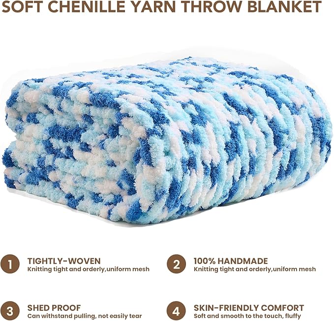 L'AGRATY Chunky Knit Blanket Throw: 50''x60'' Chenille Chunky Knitted Throw Blankets for Bed Couch - Handmade Thick Cable Knit Blanket - Large Crochet Rope Blankets for Home Decor
