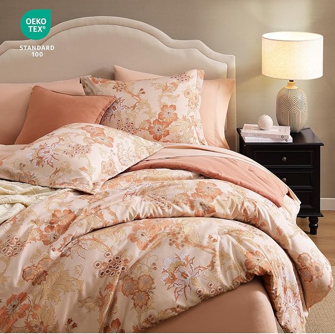 Full Comforter Set -7 Pieces Terrecotta Floral Comforter Set for All Seasons, Bed in a Bag Full with Botanical Flowers Comforter, Sheets, Pillowcases & Shams