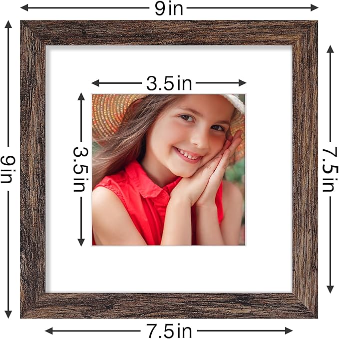 Vittanly 8x8 Picture Frames Set of 9, Shatter Resistant Plexiglass, Display 4x4 Pictures with Mat or 8x8 without Mat, Photo Frames for Wall Mount, Engineered Wood, Brown
