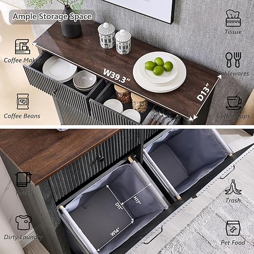 Modern Double Tilt-Out Trash Cabinet, 20 Gallon Fluted Laundry Hamper Cabinet with 2 Drawers, Wooden Hidden Garbage Can Cabinet with Storage Basket, Free Standing for Kitchen & Living Room, Grey