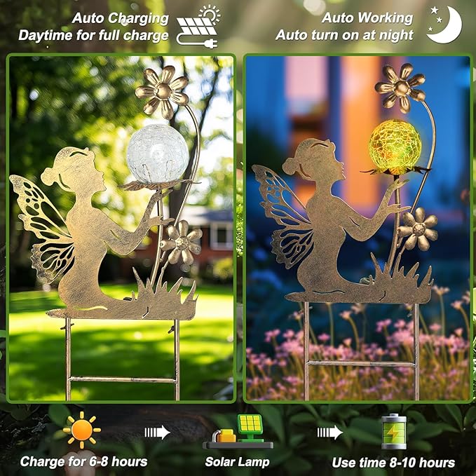 HONGLAND Solar Garden Lights Outdoor Decor, Fairy Figurine Moon Crackle Glass Lights Stake, Housewarming Ornament for Patio, Lawn, Yard, Pathway - Unique Gardening Gifts for Women Mom Grandma