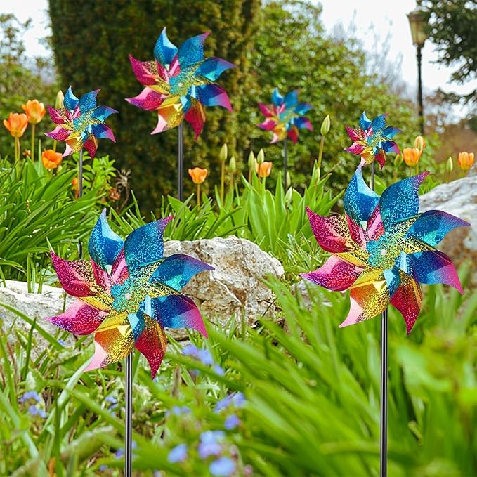 Hausse 10 Pack Reflective Pinwheels Wind Spinner, Extra Sparkly Rainbow Pinwheel with Stakes, Bird Repellent Blinder Devices Deterrent to Scare Birds Away from Yard Patio Farm Garden, Colorful