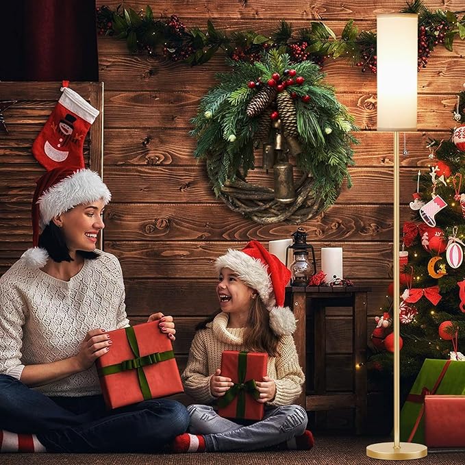 Ambimall Floor Lamp with 3 Color Temperatures Bulb, 64" Standing lamp with Linen lampshade for Bedroom, Minimalist Pole Lamp, White Shade & Gold Pole