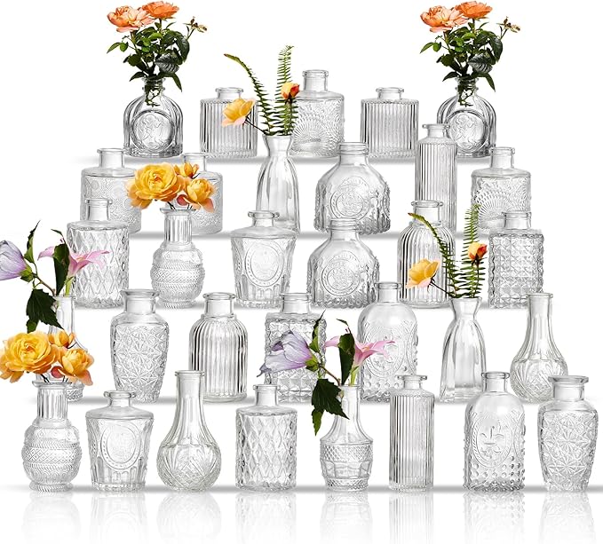 Glass Bud Vases Set of 32 - Assorted Small Mini Glass Vases for Flowers, Crystal Vintage Vase Set, Bulk Centerpieces for Table Décor, Wedding, Home and Events (Clear, 32 Pcs)