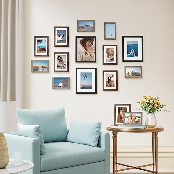 Vittanly 15 Pack Picture Frames Collage Wall Decor, Multi Sizes Including 3pcs 8x10, 6pcs 5x7 and 6pcs 4x6 Photo Frames, Gallery Frame Set for Wall or Tabletop Display, Black, Brown and Dark Grey