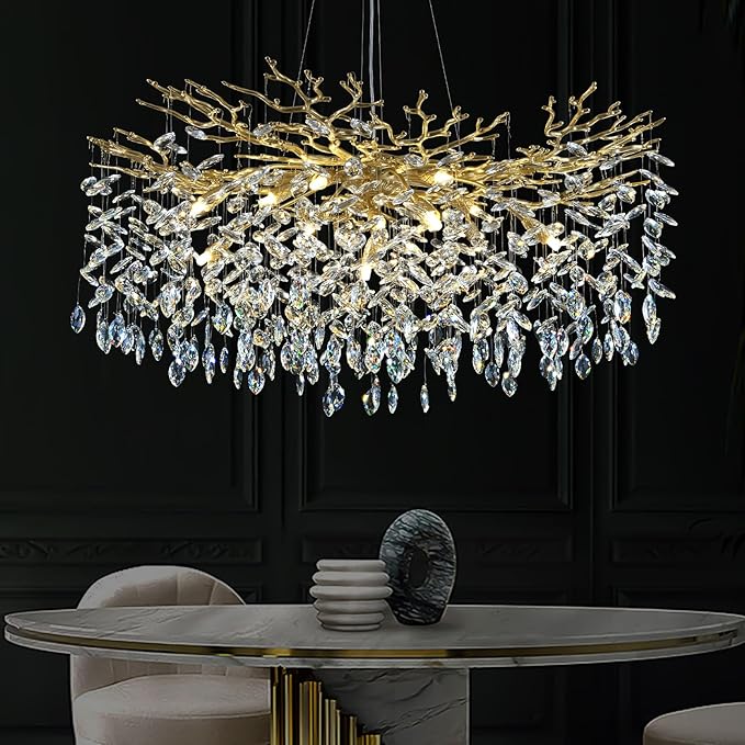 Modern Crystal Chandeliers for Dining Room Over Table, 40" Round Gold Tree Branche Chandelier, Large Crystal Chandelier for Living Room,High Ceiling,Foyer,Entryway,Kitchen Island,Staircase
