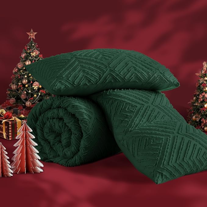 Andency Dark Emerald Green California King Comforter Set, 3 Pieces Boho Tufted Cal King Bedding Set & Collections, Forest Green Oversized Soft Lightweight Bed Set (104x96In, 2 Pillowcases)