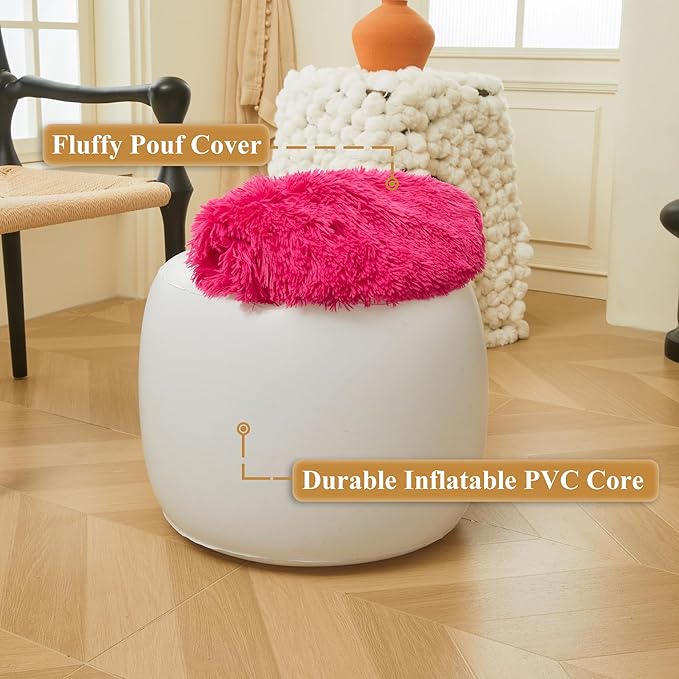 XeGe Fluffy Faux Fur Inflatable Pouf Ottoman, Soft Fuzzy Foot Stool Anti-Slip, Plush Foldable Foot Rest Floor Pouf for Kids Girls Adult, Cute Round Ottoman Cushion Living Room Bedroom, Hot Pink