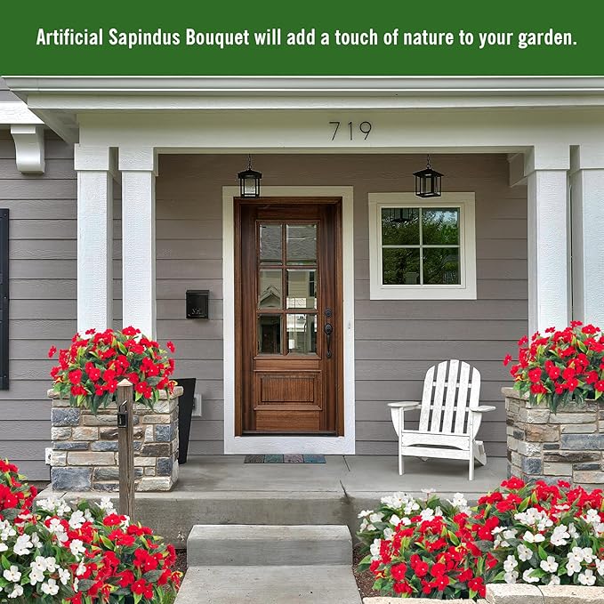 Artificial Impatiens Bouquet Flowers for Outdoors Silk Faux Flowers for Outdoor Impatiens Plants Decor Indoor Planters Kitchen Planters and Balcony Decorations 2PCS (White)