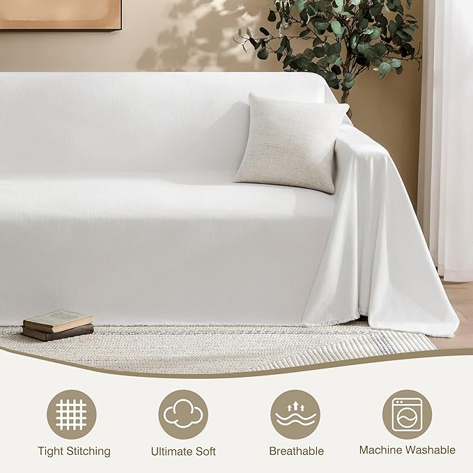 Couch Cover for Dogs Sectional Sofa Covers Washable for 2 Cushion Couch, Chenille Couch Cover Blanket, Sectional Sofa Slipcovers, Multi-Use Furniture Protector for Kids, Pets, 91" X134", White