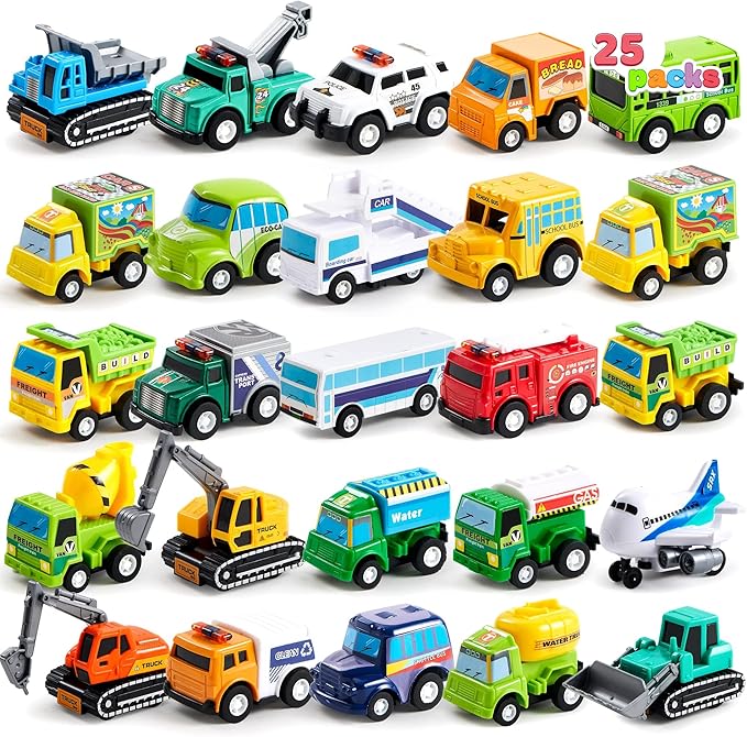 JOYIN 25 Pieces Pull Back Cars and Trucks Toy Vehicles Set for Toddlers, Girls and Boys Kids Play Set, Die-Cast Car, Party Favors, School Gifts, Goodie Bags Stuffers for Kids, Christmas Birthday Gifts