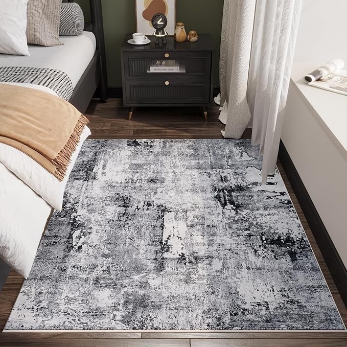Rugcomf 4x6 Rug Washable Boho Soft Area Rug Abstract Pattern Non-Slip Faux Wool Vintage Rug for Living Room, Bedroom Rug, Farmhouse, Dining Room, Kids Playroom, Grey and Black