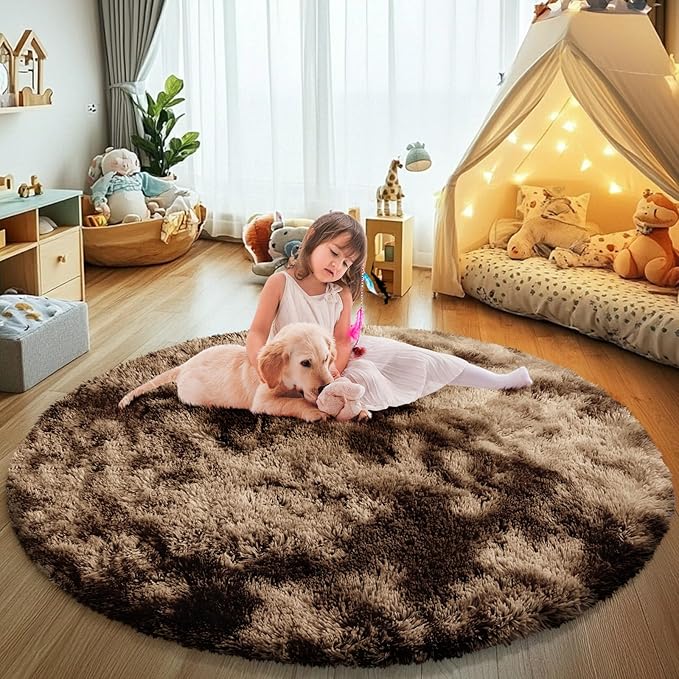 Tie-Dyed Coffee Fluffy Round Rug,Soft Area Rugs for Girls Room,Shaggy Rugs 3'X3' for Living Room,Non Slip Circle Rug for Kids Bedroom,Shag Plush Nursery Carpets,Fuzzy Rug for Dorm,Room Decor Carpet