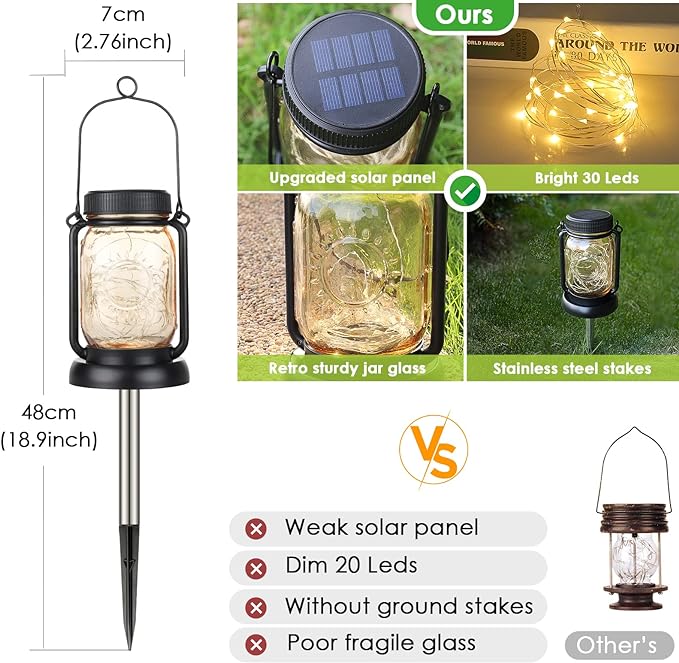 Mlambert 4 Pack Solar Hanging Lantern with Stakes, Outdoor Waterproof Solar Mason Jar Fairy String Lights Decorative Vintage Glass Lamp-Warm White